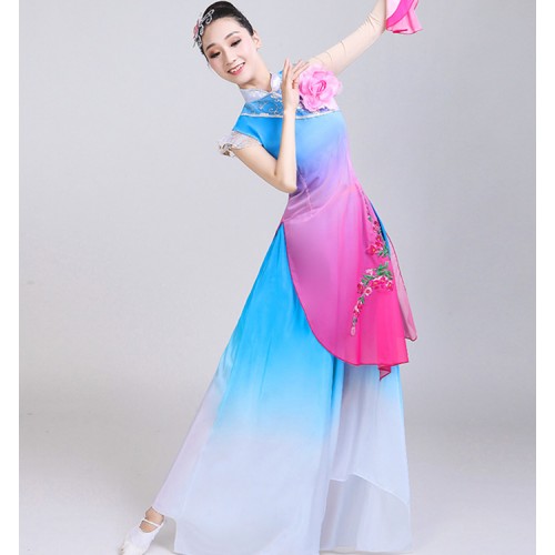 Chinese folk dance costumes for female adult fuchsia blue gradient colored fairy fan yangko stage performance traditional ancient dance dresses